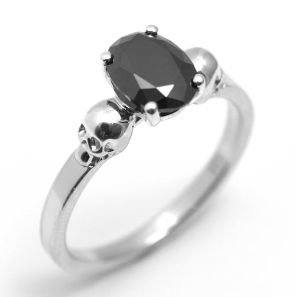 Skull Ring Sterling Silver 1.4ct Diamond Unique Oval Cut Black Diamond Hand Crafted Engagement Ring