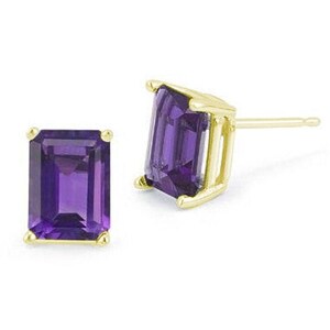 Stud Earrings Amethyst Emerald Cut 4 Claw Set 9ct Gold