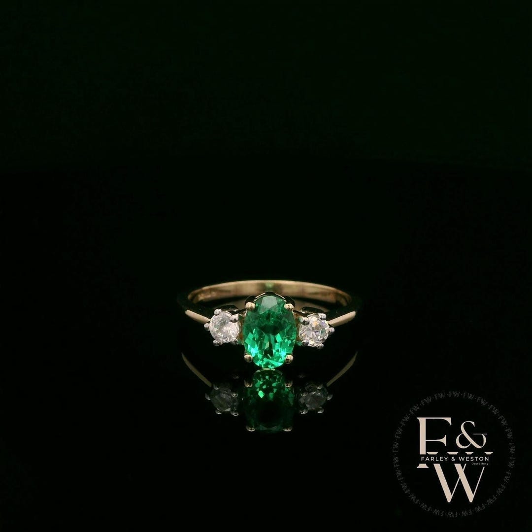 Lab Grown Emerald and Diamond 9ct Yellow Trilogy Ring - Etsy UK