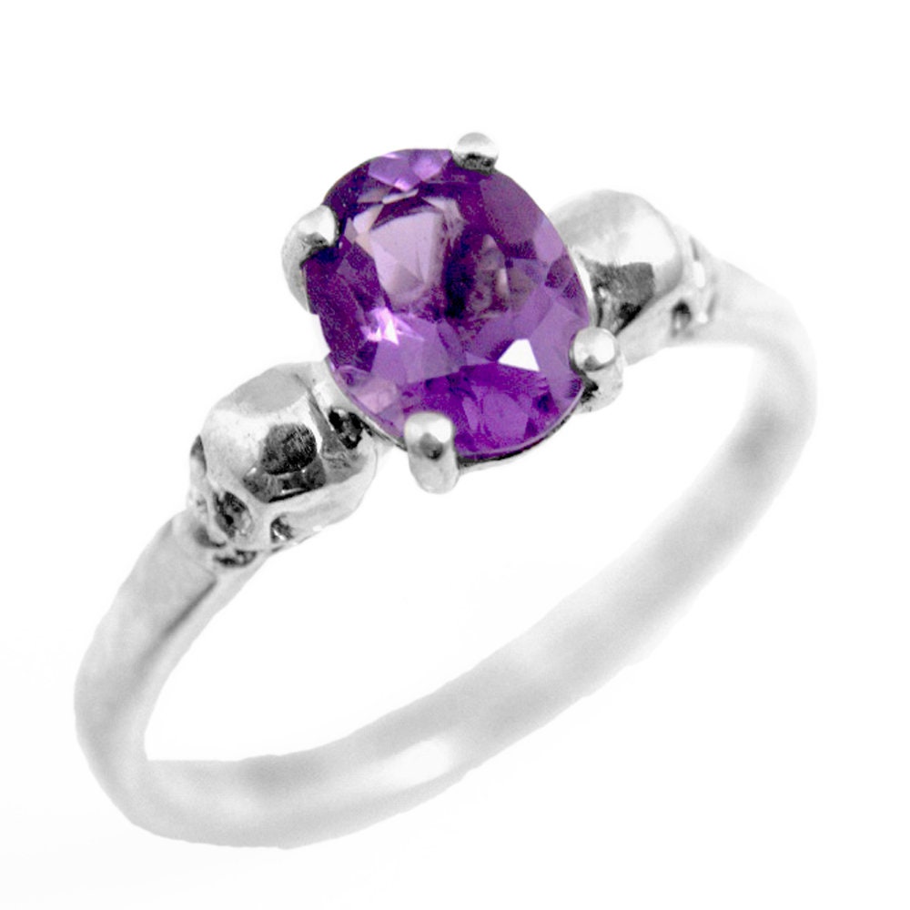 Skull Ring Silver 1ct Natural Amethyst Diamond-Unique  Engagement Ring