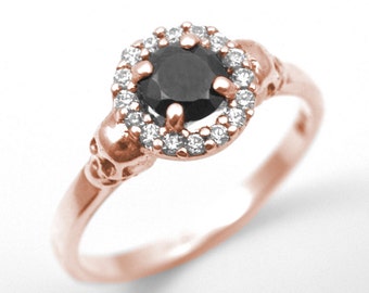 Skull Ring 9ct Rose Gold .70ct Diamond Unique Round Brilliant Halo Black Diamond Hand Crafted Engagement Ring