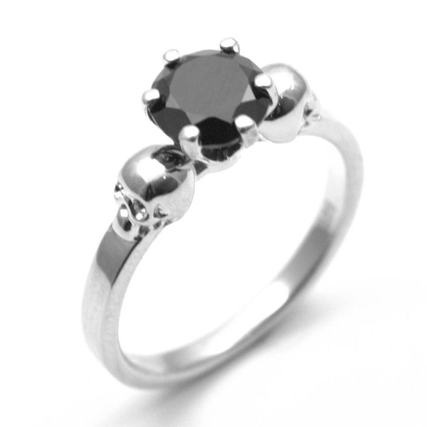 Skull Ring Silver 1ct Round Brilliant Cut Black Diamond Hand Crafted Engagement Ring 6 Griffe