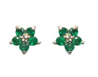 Stud Earrings Emerald and Diamond Cluster 9ct White Gold   ER448E