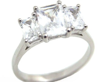 Sterling Silver Cubic Zirconia Emerald Cut Trilogy Ring