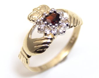 Claddagh Ring with Garnet & Diamond Unique Heart  9ct Gold CL20