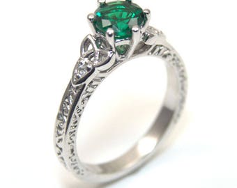 Trinity Knot 6 Claw 1ct Emerald and Diamond Ring Sterling Silver Engagement Ring