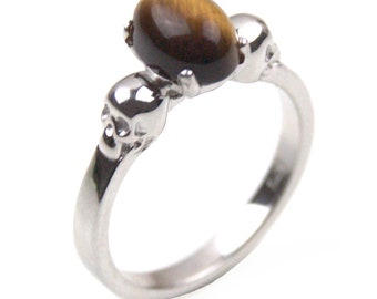 Solid Silver Skull Ring Tiger's Eye Oval Cabochon Hand Crafted