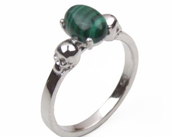 Solid Silver Skull Ring Malachite Oval Cabochon Hand Crafted