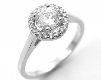 Ring Diamond Unique Round Halo Engagement Solid Silver