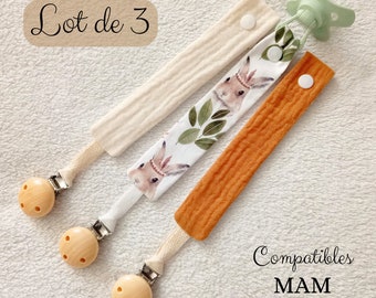 Set of 3 pacifier clips in rabbit fabric and double ecru and caramel cotton gauze - Girl or boy pacifier clip