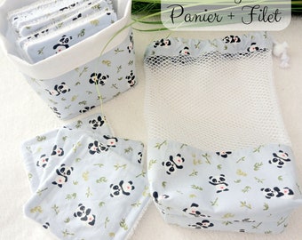 12 lingettes lavables bébé avec panière et filet de lavage - Lingettes bébé panda - Lingettes bébé panier et filet