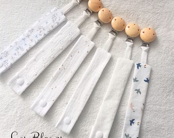 Pacifier clip in white fabric and wooden clip - Baptism or wedding pacifier clip - Mam adapter compatible pacifier clip