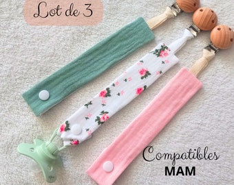 Pacifier clip in cotton gauze fabric - Set of 3 pacifier clips for girls - Pacifier clip in floral and plain fabric and wooden clip