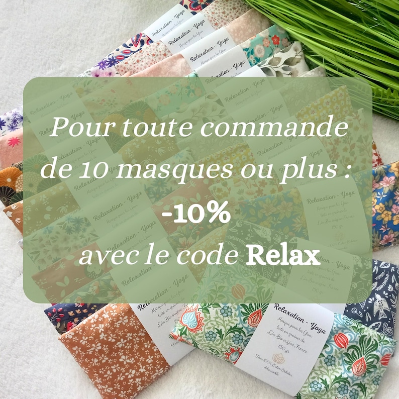 May include: A collection of rectangular eye pillows featuring various floral and botanical fabric patterns. Each pillow has a white paper band labeled Relaxation - Yoga with French text. The pillows are arranged in a stack on a white surface.