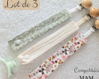 Set of 3 pacifier clips in floral fabric and double cotton gauze - Girl's pacifier clip