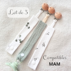 Eucalyptus leaves cotton gauze pacifier clip - Set of 3 pacifier clips for girls or boys - Fabric pacifier clip and wooden clip