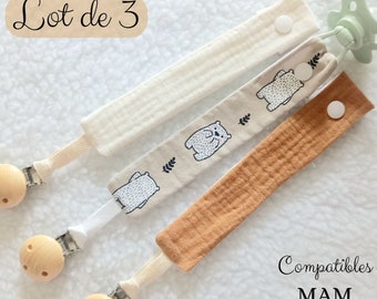 Attache tétine en tissu et double gaze de coton - Lot de 3 attache sucettes couleur beige naturel