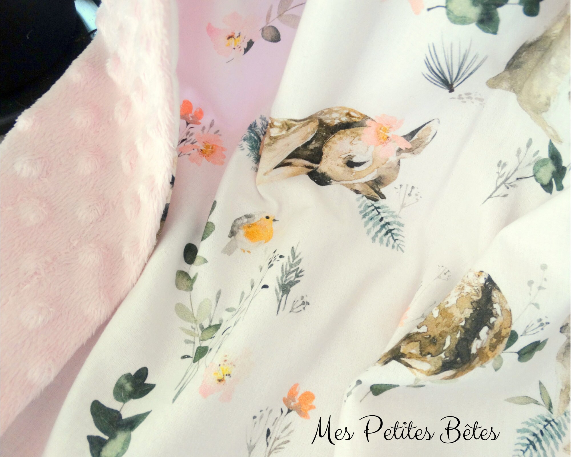 Couverture Bébé Fille, Couverture Biche et Lapin, Minky Rose, Polaire, 70 X 95cm, Oeko-Tex