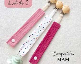 Girl's fabric pacifier clip Set of 3 - Pacifier clip in cotton gauze and polka dot fabric - Fabric pacifier clip and wooden clip