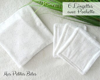 Pouch of 6 washable wipes, white wipes with cotton stars and bamboo sponge