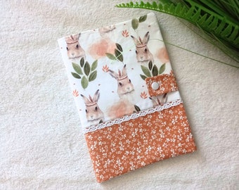 Health book cover in Rabbit and nutmeg floral fabric with lace ribbon - Girl or boy health book cover