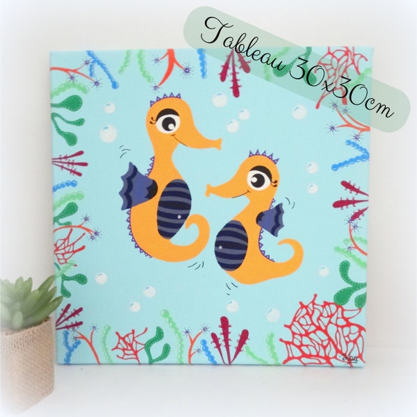 Tableau Hippocampes pour la décoration d'une chambre d'enfant - Peinture sur toile pour chambre bébé - Tableau carré cadre 30x30cm