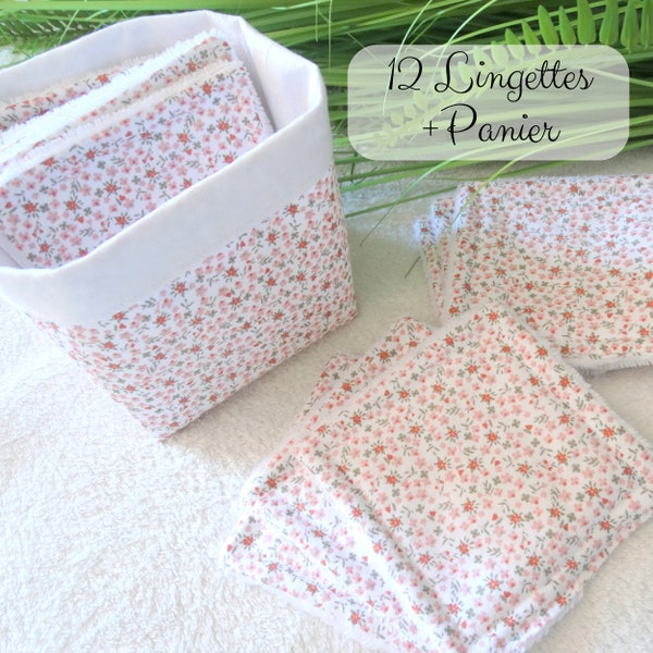 Panier de 12 lingettes lavables tissu en coton fleuri style Liberty - Lingettes en coton et éponge bambou