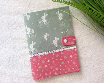 Health book cover in fabric and lace ribbon with snap closure - Health book cover with pink and green Rabbit and Stars print