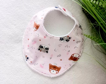 Round girl's bib in Raccoon printed fabric lined with ultra-soft bamboo sponge - Baby girl's round snap bib 0-12 months