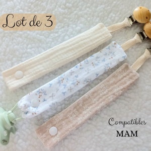 Set of 3 pacifier clips in double cotton gauze in natural tones - Girl or boy pacifier clip