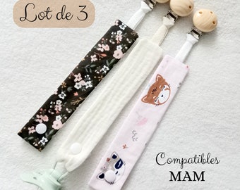 Set of 3 pacifier clips in cotton fabric and wooden clip - Floral and animal pacifier clip - Girl's pacifier clip