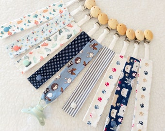 Boys' fabric pacifier clip and wooden clip - Washable fabric pacifier clip - Pacifier clip compatible with MAM pacifier adapters