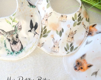 Forest animal baby bibs - Round bibs 0-12 months - Fox bib - Rabbit bib - Fawn bib - Cotton and sponge bibs