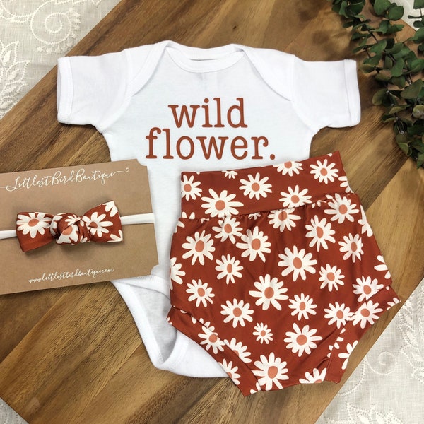 Wildflower Onesie | Daisy Flower Bummie | Wildflower Tee | Top Knot Bow Headband Set | Diaper Cover | High Waisted Short | Boho Baby Girl
