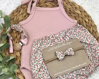 Pink Ribbed Tank Bodysuit | Vintage Floral Baby Bloomer | Tiny Bow Floral Headband | Baby Girl Gift Set