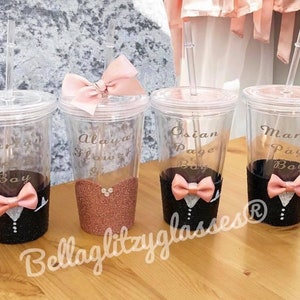 Personalised Wedding Glitter cup with straw Groom Groomsman Gift page boy