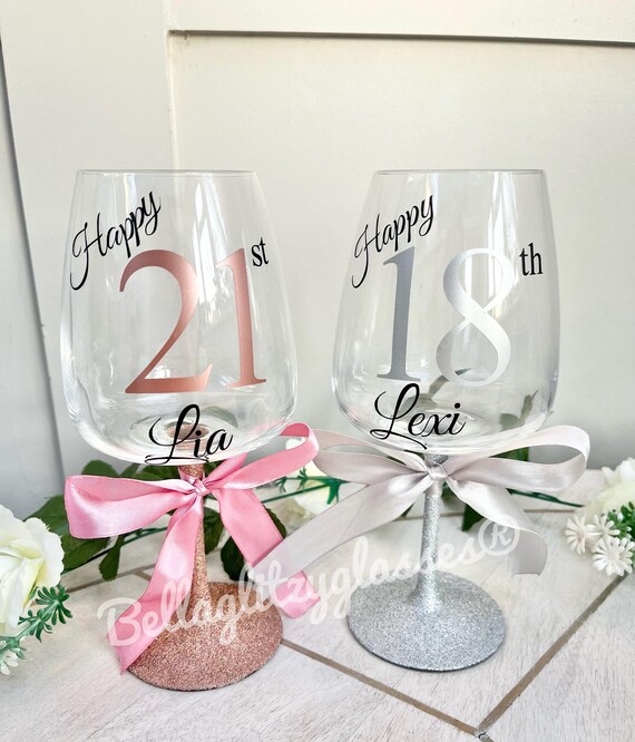 Personalised Glitter Birthday Wine Glass | Custom Name & Age Glass | 18th  21st 30th Birthday Gift | Sparkly Celebration Glass