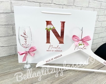 Bridesmaid Gift Set Bag Bundle | Proposal Gift or Thank you Gift  Glass bag and hanger set