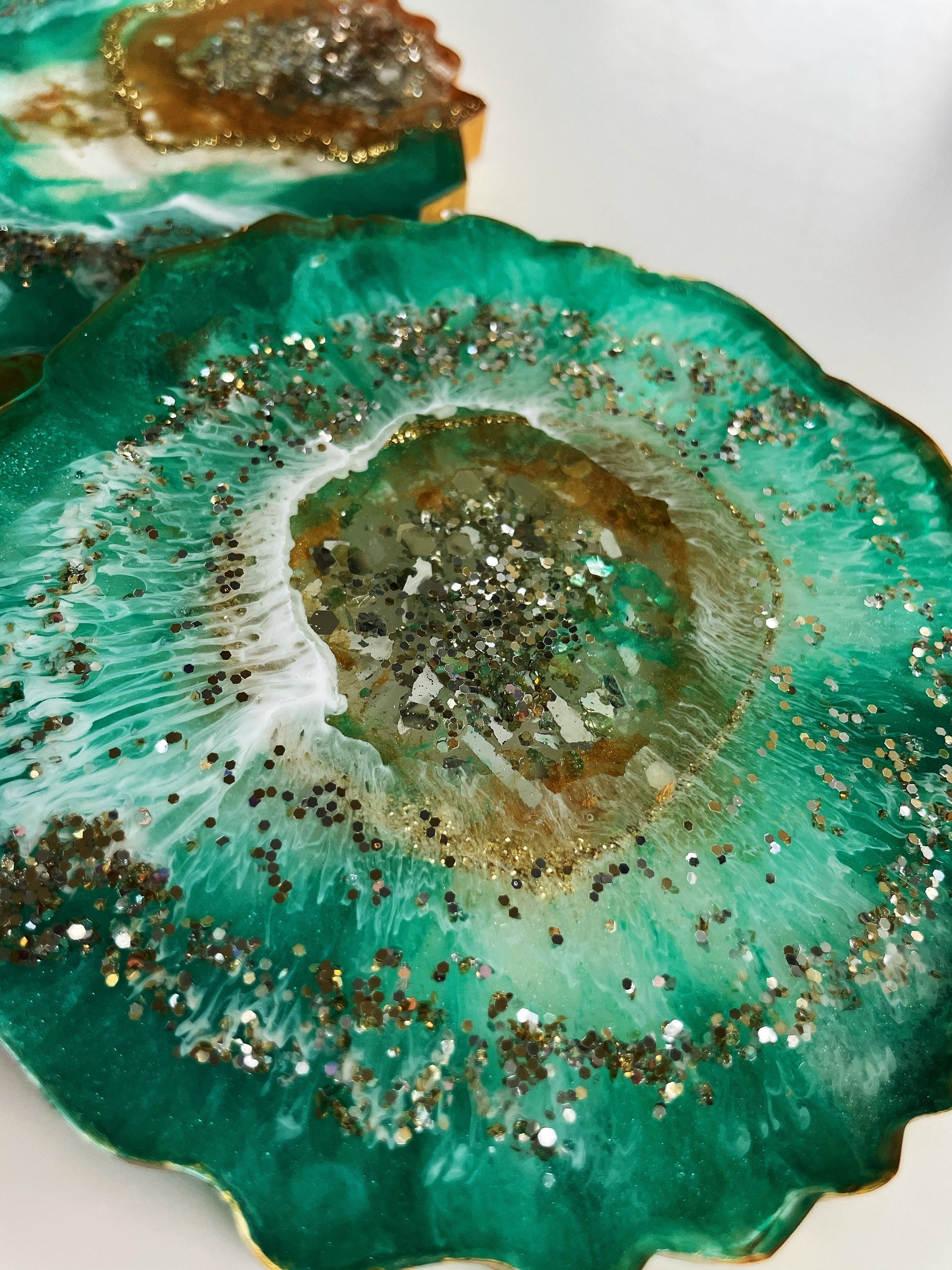 Geode Inspired Green and Gold coasters set Etsy