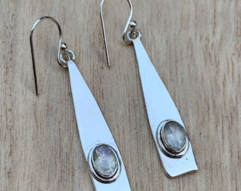 Minimalist geometric long faceted moonstone silver earrings