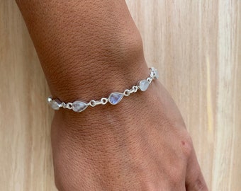 Rainbow Moonstone Sterling Silver Teardrop Bracelet, Delicate Gemstone Jewelry