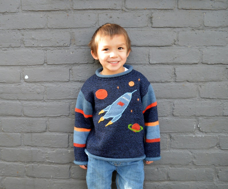 Tricoté Alpaga Jumper Space rocket design Pull/Pullover, Pulls en laine tricotés pour enfants, Pulls amusants pour enfants, cadeau de Noël de vaisseau spatial image 1