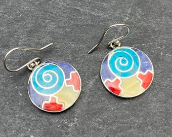 Geometric mosaic silver earrings, Pachamama silver earring, Peruvian earrings