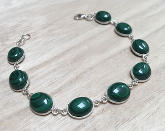 Malachite sterling silver link bracelet, Women malachite silver bracelet, birthstone bracelet