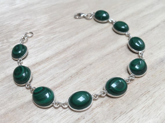 Large Sterling Silver Malachite Link Bracelet