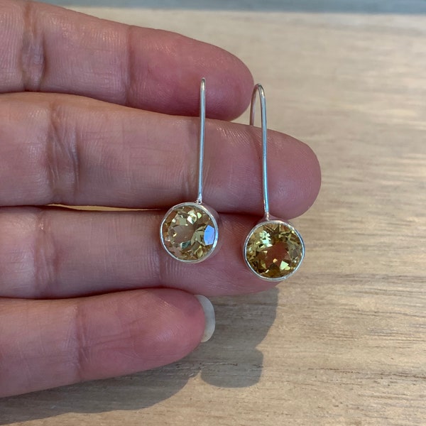 Faceted citrine sterling silver earrings, Citrine dangly long drop earrings, Citrine earrings, Citrine gift, gift for her, yellow earrings