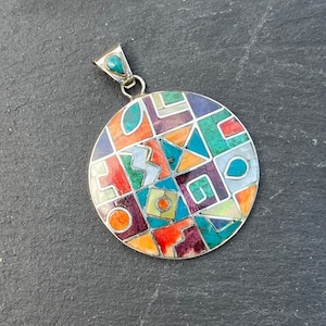 Geometric mosaic silver pendant, Circle Pachamama Necklace, Mother Earth Pendant, large circular pendant