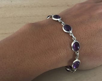 Amethyst sterling silver bracelet, Amethyst bracelet, Chain amethyst bracelet, February birthstone