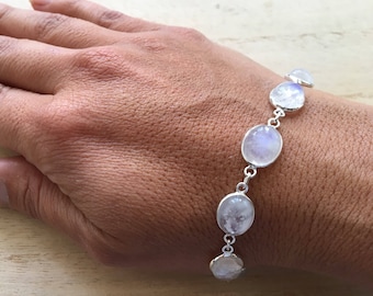 Rainbow Moonstone Sterling Silver Chain Bracelet