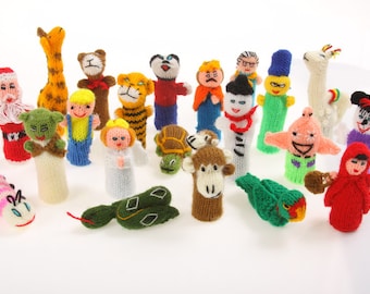 5 Hand Knitted Finger Puppets, Puppets Stocking Fillers